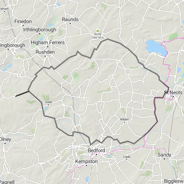 Map miniature of "The Great Staughton Ride" cycling inspiration in Leicestershire, Rutland and Northamptonshire, United Kingdom. Generated by Tarmacs.app cycling route planner
