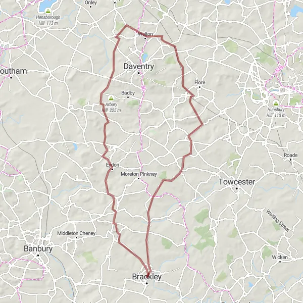 Map miniature of "The Gravel Loop: Brackley to Greatworth" cycling inspiration in Leicestershire, Rutland and Northamptonshire, United Kingdom. Generated by Tarmacs.app cycling route planner