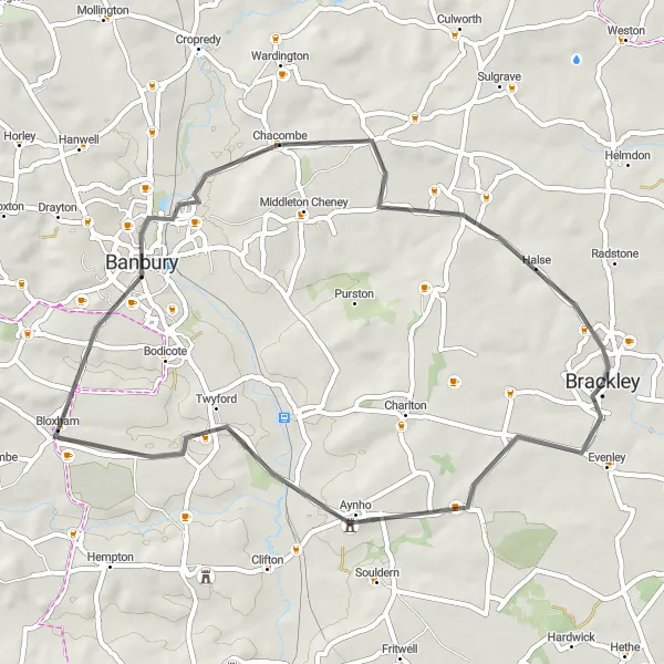 Map miniature of "Idyllic Countryside Escape" cycling inspiration in Leicestershire, Rutland and Northamptonshire, United Kingdom. Generated by Tarmacs.app cycling route planner