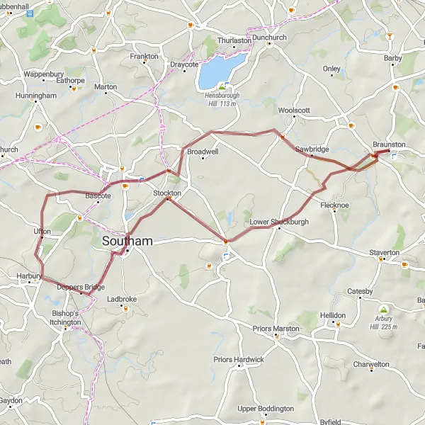 Map miniature of "Gravel Tracks and Hamlets" cycling inspiration in Leicestershire, Rutland and Northamptonshire, United Kingdom. Generated by Tarmacs.app cycling route planner