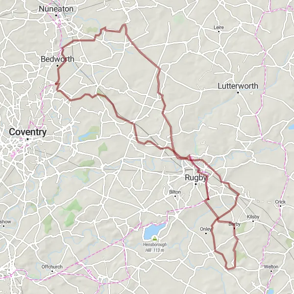 Map miniature of "Rural Journey and Historic Delights" cycling inspiration in Leicestershire, Rutland and Northamptonshire, United Kingdom. Generated by Tarmacs.app cycling route planner