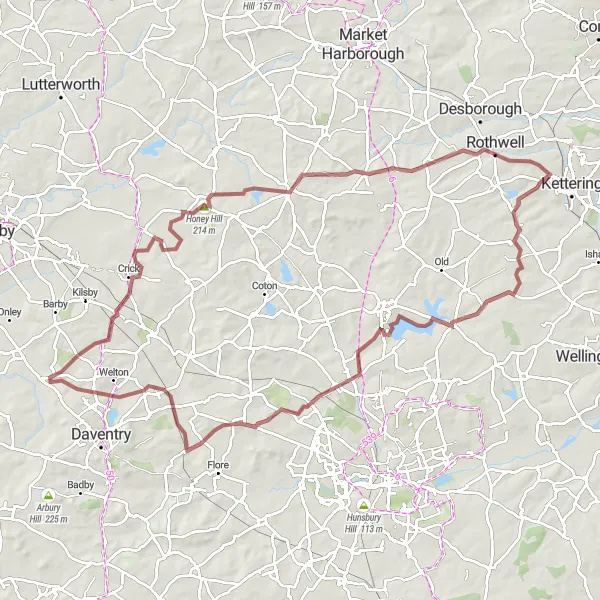Map miniature of "Northamptonshire Gravel Grinder" cycling inspiration in Leicestershire, Rutland and Northamptonshire, United Kingdom. Generated by Tarmacs.app cycling route planner