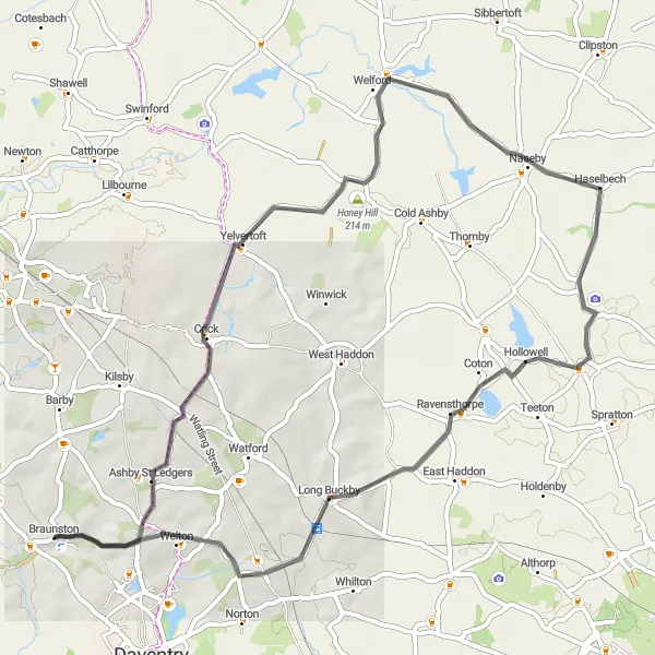 Map miniature of "Braunston Hills Adventure" cycling inspiration in Leicestershire, Rutland and Northamptonshire, United Kingdom. Generated by Tarmacs.app cycling route planner