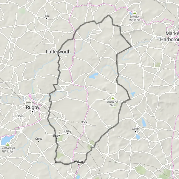 Map miniature of "Challenging Hills and Scenic Escapes" cycling inspiration in Leicestershire, Rutland and Northamptonshire, United Kingdom. Generated by Tarmacs.app cycling route planner