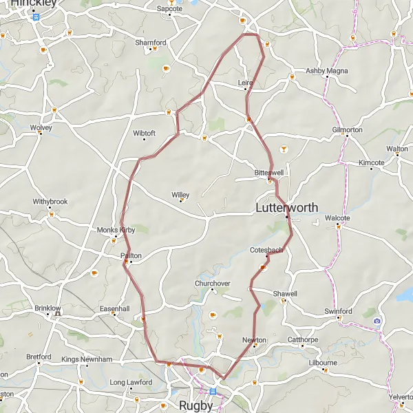 Map miniature of "Gravel Excursion" cycling inspiration in Leicestershire, Rutland and Northamptonshire, United Kingdom. Generated by Tarmacs.app cycling route planner