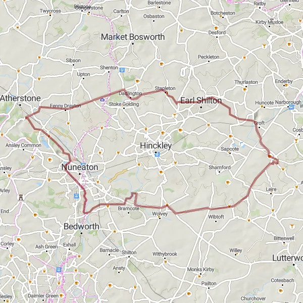 Map miniature of "The Wibtoft and Earl Shilton Loop" cycling inspiration in Leicestershire, Rutland and Northamptonshire, United Kingdom. Generated by Tarmacs.app cycling route planner