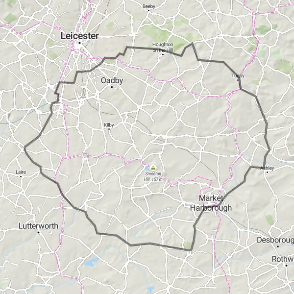 Map miniature of "Scenic Road Adventure" cycling inspiration in Leicestershire, Rutland and Northamptonshire, United Kingdom. Generated by Tarmacs.app cycling route planner