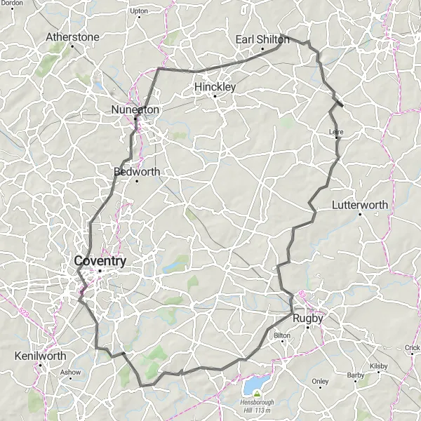 Map miniature of "Leicestershire and Northamptonshire Road Adventure" cycling inspiration in Leicestershire, Rutland and Northamptonshire, United Kingdom. Generated by Tarmacs.app cycling route planner