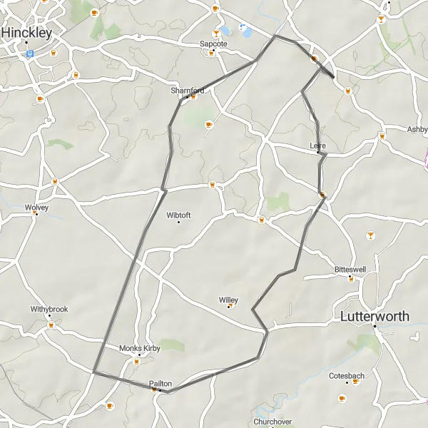 Map miniature of "The Rural Loop" cycling inspiration in Leicestershire, Rutland and Northamptonshire, United Kingdom. Generated by Tarmacs.app cycling route planner