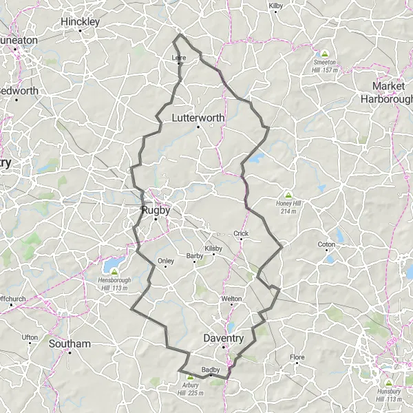 Map miniature of "Rural Escapade" cycling inspiration in Leicestershire, Rutland and Northamptonshire, United Kingdom. Generated by Tarmacs.app cycling route planner