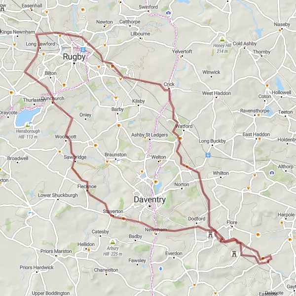 Map miniature of "Gravel Ventures in Leicestershire and Northamptonshire" cycling inspiration in Leicestershire, Rutland and Northamptonshire, United Kingdom. Generated by Tarmacs.app cycling route planner