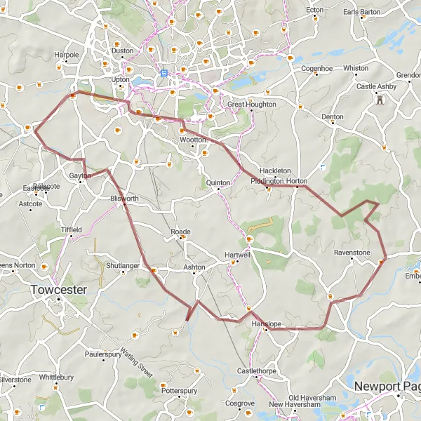 Map miniature of "Bugbrooke Hills and Hidden Villages" cycling inspiration in Leicestershire, Rutland and Northamptonshire, United Kingdom. Generated by Tarmacs.app cycling route planner