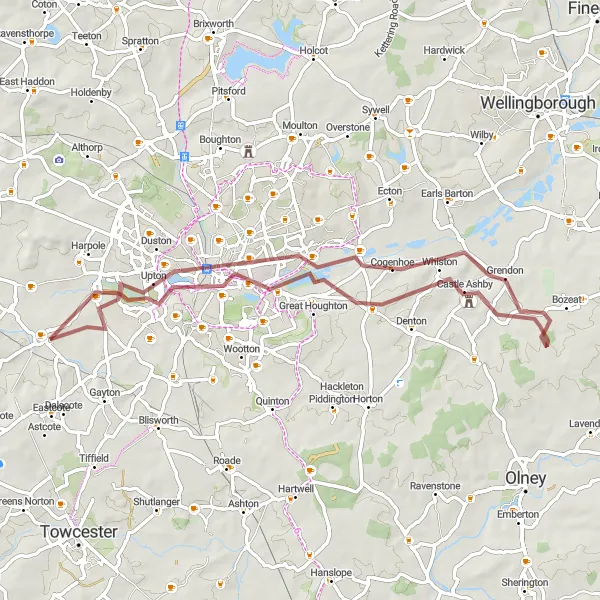 Map miniature of "Hidden Treasures of Northamptonshire" cycling inspiration in Leicestershire, Rutland and Northamptonshire, United Kingdom. Generated by Tarmacs.app cycling route planner