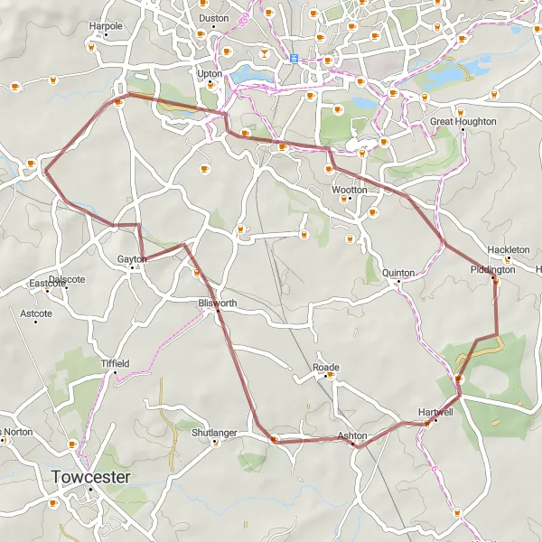 Map miniature of "Gravel Adventure through the Heart of Leicestershire" cycling inspiration in Leicestershire, Rutland and Northamptonshire, United Kingdom. Generated by Tarmacs.app cycling route planner