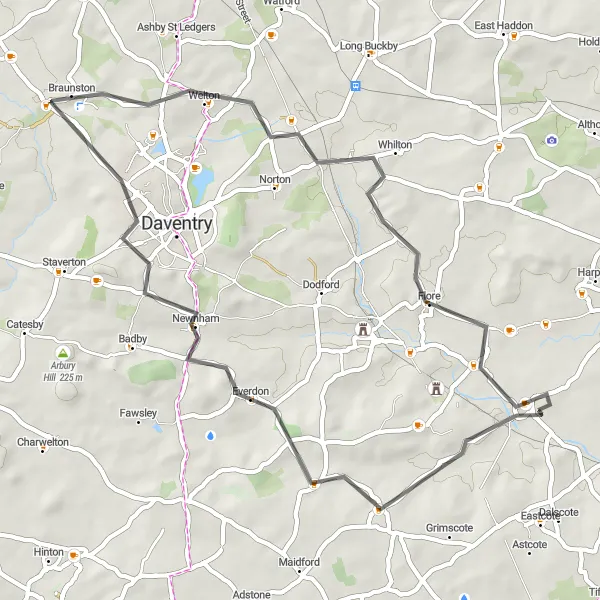 Map miniature of "The Farthingstone Loop" cycling inspiration in Leicestershire, Rutland and Northamptonshire, United Kingdom. Generated by Tarmacs.app cycling route planner