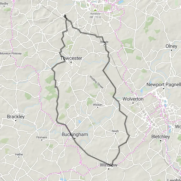 Map miniature of "The Silverstone Challenge" cycling inspiration in Leicestershire, Rutland and Northamptonshire, United Kingdom. Generated by Tarmacs.app cycling route planner
