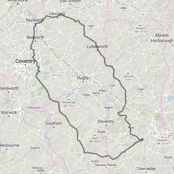 Map miniature of "Scenic Northamptonshire Loop" cycling inspiration in Leicestershire, Rutland and Northamptonshire, United Kingdom. Generated by Tarmacs.app cycling route planner