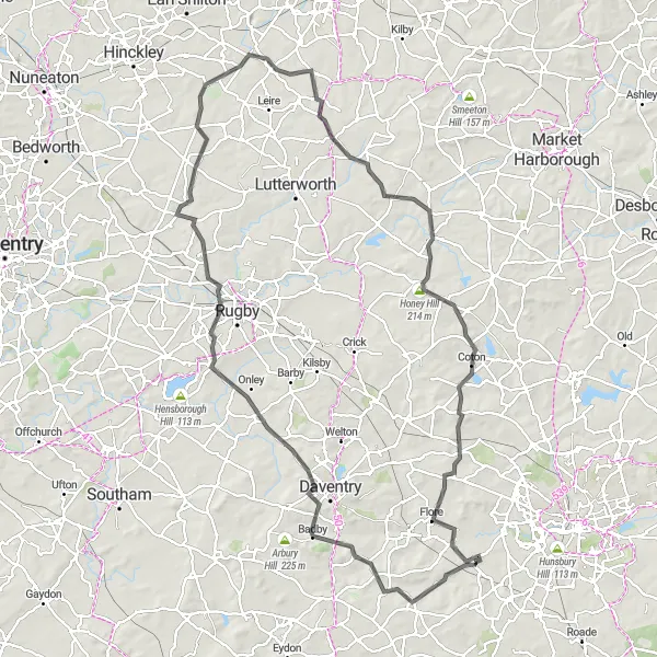 Map miniature of "The Northamptonshire Explorer" cycling inspiration in Leicestershire, Rutland and Northamptonshire, United Kingdom. Generated by Tarmacs.app cycling route planner