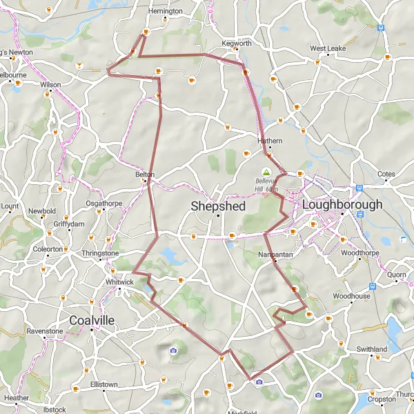 Map miniature of "The Gravel Adventure" cycling inspiration in Leicestershire, Rutland and Northamptonshire, United Kingdom. Generated by Tarmacs.app cycling route planner