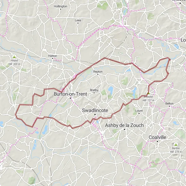 Map miniature of "The Castle Donington Gravel Explorer" cycling inspiration in Leicestershire, Rutland and Northamptonshire, United Kingdom. Generated by Tarmacs.app cycling route planner