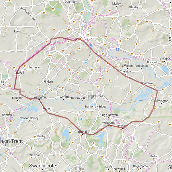 Map miniature of "The Donington Gravel Adventure" cycling inspiration in Leicestershire, Rutland and Northamptonshire, United Kingdom. Generated by Tarmacs.app cycling route planner