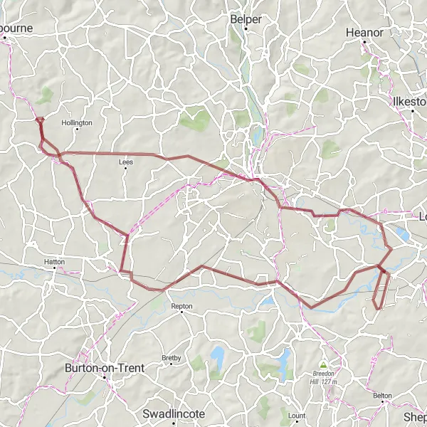 Map miniature of "The Countryside Escape" cycling inspiration in Leicestershire, Rutland and Northamptonshire, United Kingdom. Generated by Tarmacs.app cycling route planner