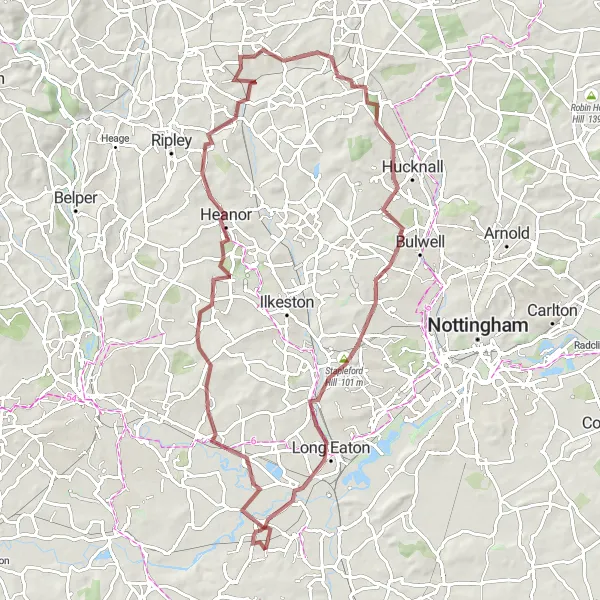 Map miniature of "The Nottinghamshire Gravel Challenge" cycling inspiration in Leicestershire, Rutland and Northamptonshire, United Kingdom. Generated by Tarmacs.app cycling route planner