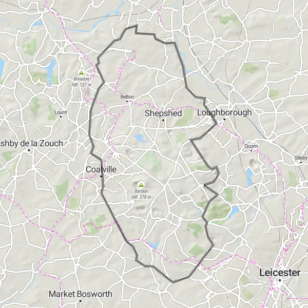 Map miniature of "The Charnwood Hills Road Adventure" cycling inspiration in Leicestershire, Rutland and Northamptonshire, United Kingdom. Generated by Tarmacs.app cycling route planner