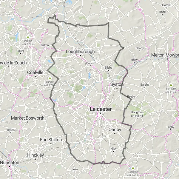 Map miniature of "The Rutland Challenge" cycling inspiration in Leicestershire, Rutland and Northamptonshire, United Kingdom. Generated by Tarmacs.app cycling route planner