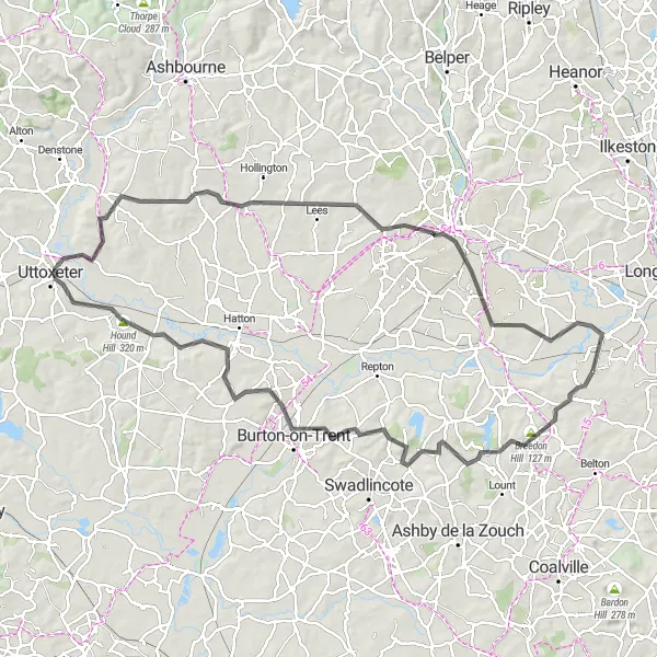 Map miniature of "The Northamptonshire Challenge" cycling inspiration in Leicestershire, Rutland and Northamptonshire, United Kingdom. Generated by Tarmacs.app cycling route planner