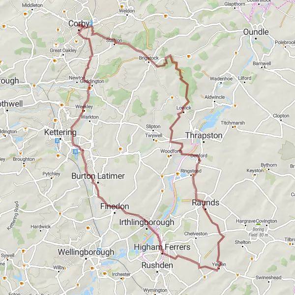 Map miniature of "Brigstock and Raunds Gravel Loop" cycling inspiration in Leicestershire, Rutland and Northamptonshire, United Kingdom. Generated by Tarmacs.app cycling route planner