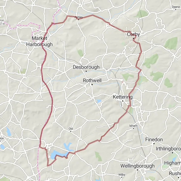 Map miniature of "Geddington and Pytchley Gravel Loop" cycling inspiration in Leicestershire, Rutland and Northamptonshire, United Kingdom. Generated by Tarmacs.app cycling route planner