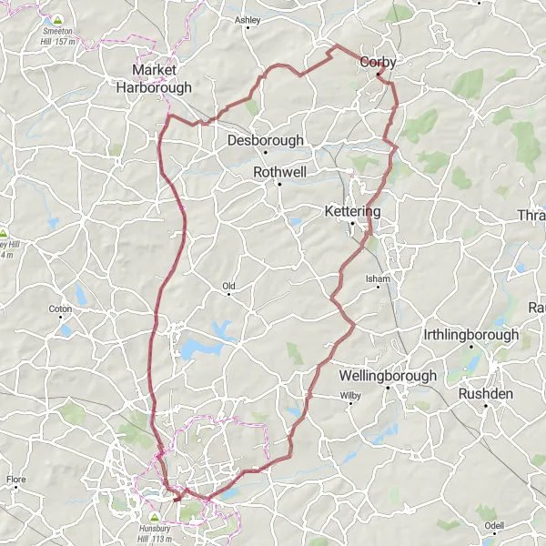 Map miniature of "Geddington and Great Oxendon Gravel Adventure" cycling inspiration in Leicestershire, Rutland and Northamptonshire, United Kingdom. Generated by Tarmacs.app cycling route planner