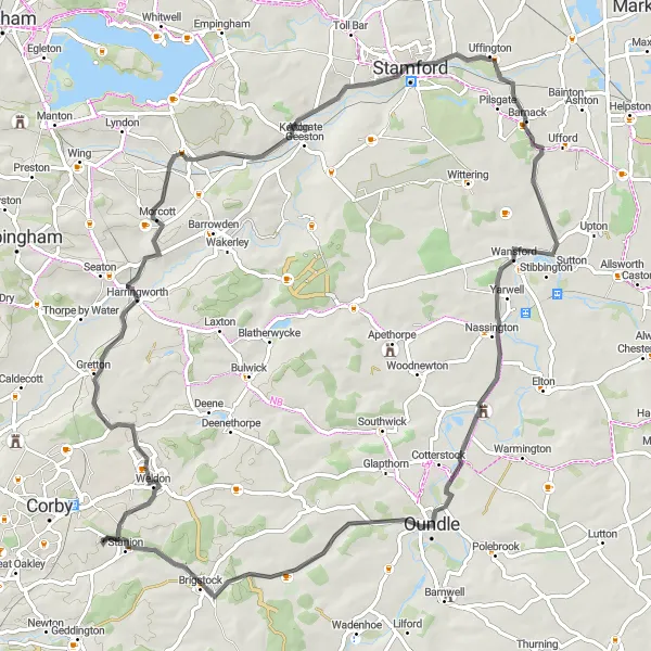 Map miniature of "The Harringworth Loop" cycling inspiration in Leicestershire, Rutland and Northamptonshire, United Kingdom. Generated by Tarmacs.app cycling route planner