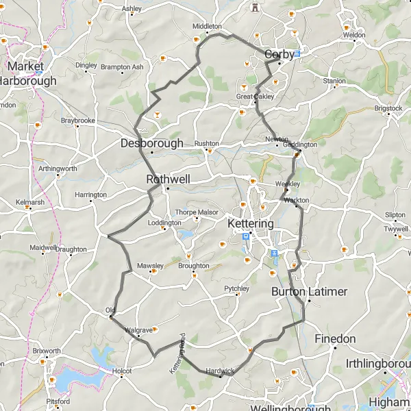 Map miniature of "The Rural Escape" cycling inspiration in Leicestershire, Rutland and Northamptonshire, United Kingdom. Generated by Tarmacs.app cycling route planner