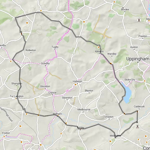 Map miniature of "The Weston by Welland Tour" cycling inspiration in Leicestershire, Rutland and Northamptonshire, United Kingdom. Generated by Tarmacs.app cycling route planner