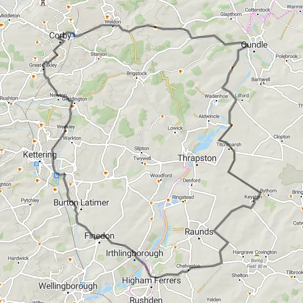 Map miniature of "The Weldon Adventure" cycling inspiration in Leicestershire, Rutland and Northamptonshire, United Kingdom. Generated by Tarmacs.app cycling route planner