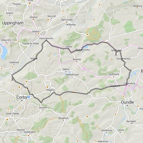 Map miniature of "Blatherwycke and Stanion Road Ride" cycling inspiration in Leicestershire, Rutland and Northamptonshire, United Kingdom. Generated by Tarmacs.app cycling route planner