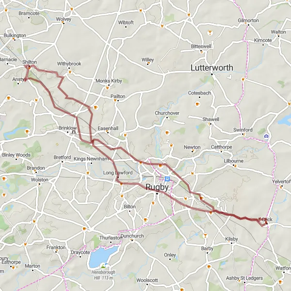 Map miniature of "Gravel Trails and Country Vistas" cycling inspiration in Leicestershire, Rutland and Northamptonshire, United Kingdom. Generated by Tarmacs.app cycling route planner