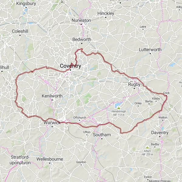 Map miniature of "Gravel and History Delight" cycling inspiration in Leicestershire, Rutland and Northamptonshire, United Kingdom. Generated by Tarmacs.app cycling route planner