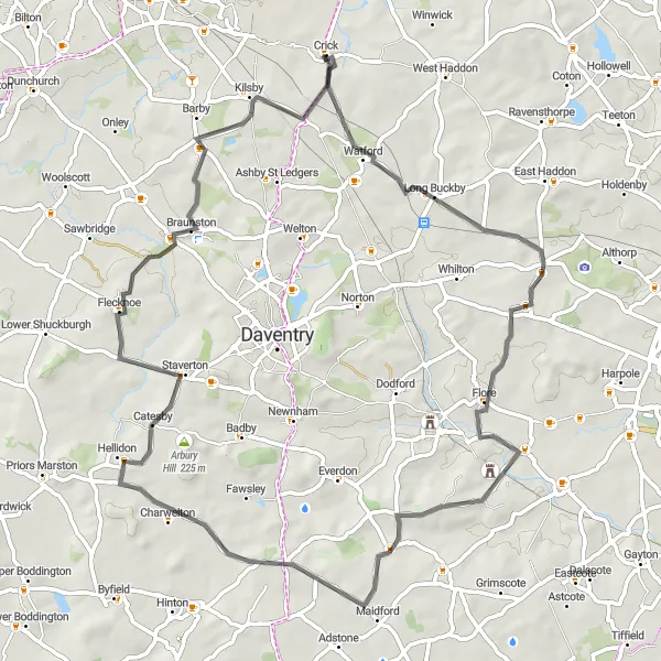 Map miniature of "The Road to Adventure" cycling inspiration in Leicestershire, Rutland and Northamptonshire, United Kingdom. Generated by Tarmacs.app cycling route planner