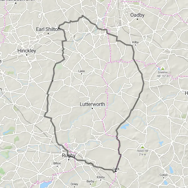 Map miniature of "Challenging Sapcote Adventure" cycling inspiration in Leicestershire, Rutland and Northamptonshire, United Kingdom. Generated by Tarmacs.app cycling route planner