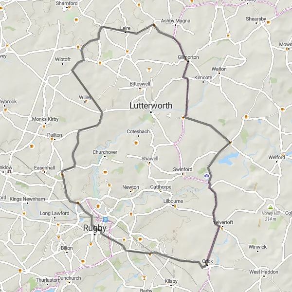 Map miniature of "The Leicestershire Loop" cycling inspiration in Leicestershire, Rutland and Northamptonshire, United Kingdom. Generated by Tarmacs.app cycling route planner