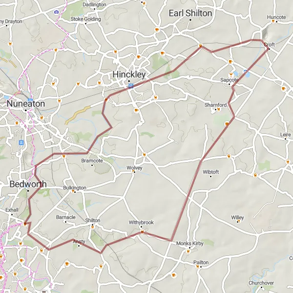 Map miniature of "Sapcote and Bedworth Gravel Loop" cycling inspiration in Leicestershire, Rutland and Northamptonshire, United Kingdom. Generated by Tarmacs.app cycling route planner