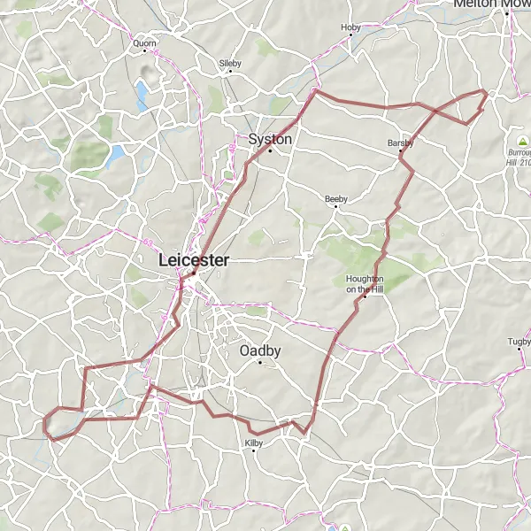 Map miniature of "Gravel Adventure to Gaddesby" cycling inspiration in Leicestershire, Rutland and Northamptonshire, United Kingdom. Generated by Tarmacs.app cycling route planner