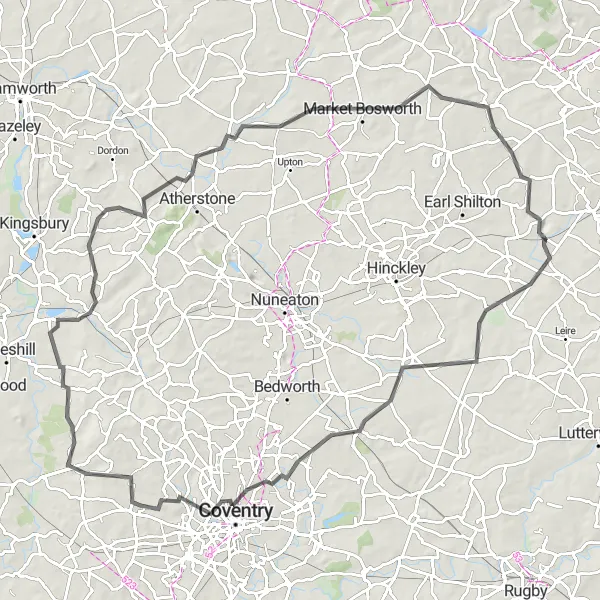 Map miniature of "Leicestershire Road Round-Trip" cycling inspiration in Leicestershire, Rutland and Northamptonshire, United Kingdom. Generated by Tarmacs.app cycling route planner