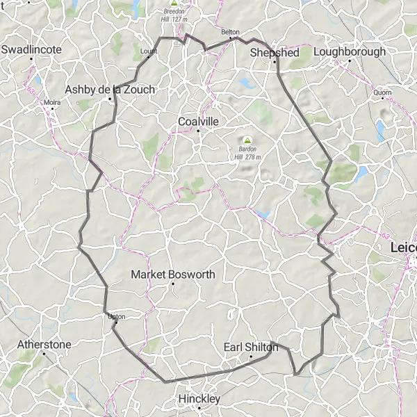 Map miniature of "Leicestershire Countryside Road Cycling Loop" cycling inspiration in Leicestershire, Rutland and Northamptonshire, United Kingdom. Generated by Tarmacs.app cycling route planner