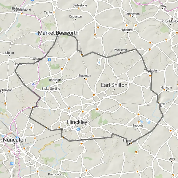 Map miniature of "Aston Flamville and Market Bosworth Loop" cycling inspiration in Leicestershire, Rutland and Northamptonshire, United Kingdom. Generated by Tarmacs.app cycling route planner