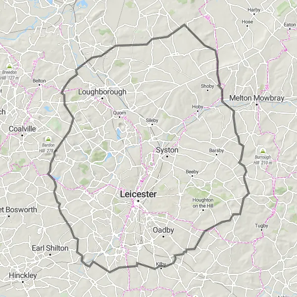 Map miniature of "Thornton and Billesdon Circuit" cycling inspiration in Leicestershire, Rutland and Northamptonshire, United Kingdom. Generated by Tarmacs.app cycling route planner