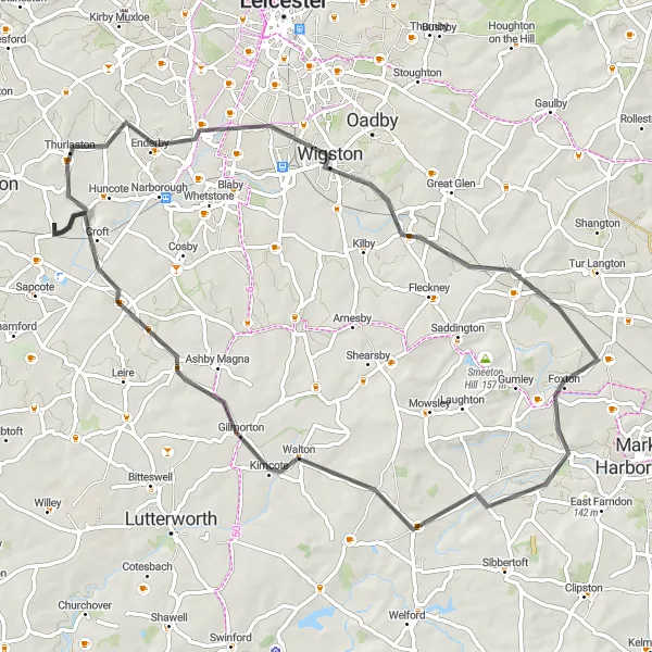 Map miniature of "A Quiet Ride to Husbands Bosworth" cycling inspiration in Leicestershire, Rutland and Northamptonshire, United Kingdom. Generated by Tarmacs.app cycling route planner